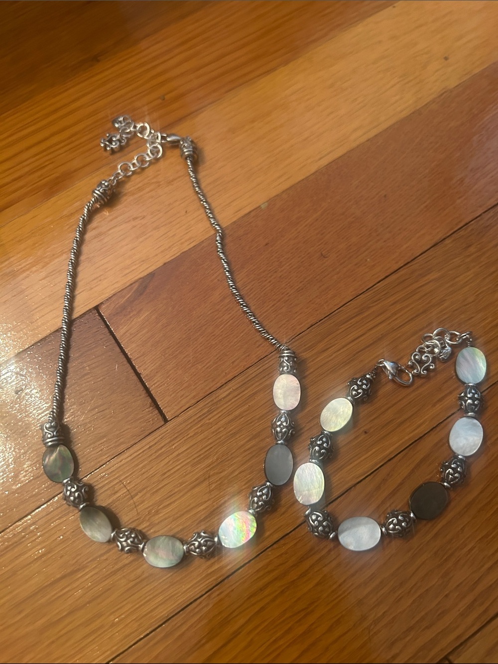 Brighton Silver-Tone Necklace and Bracelet with Iridescent Mother-of-Pearl Ovals
